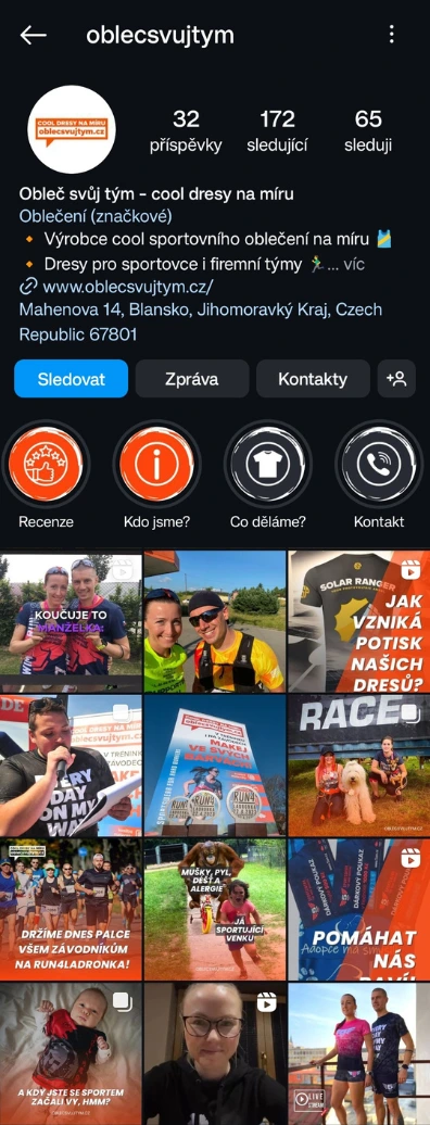 Ukázka Instagram feedu firmy Obleč svůj tým